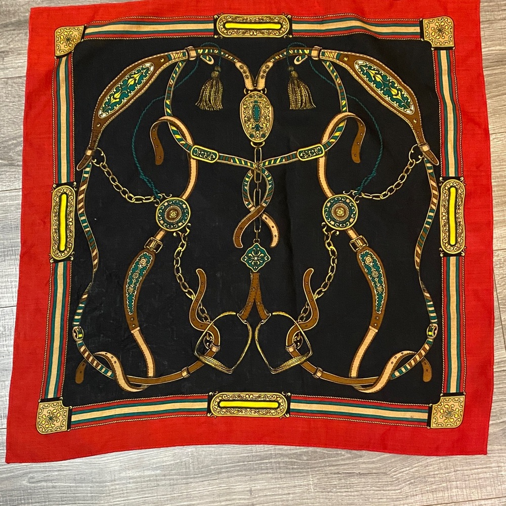 Vintage Amanda Smith Wool Equestrian Scarf Red Black Fold